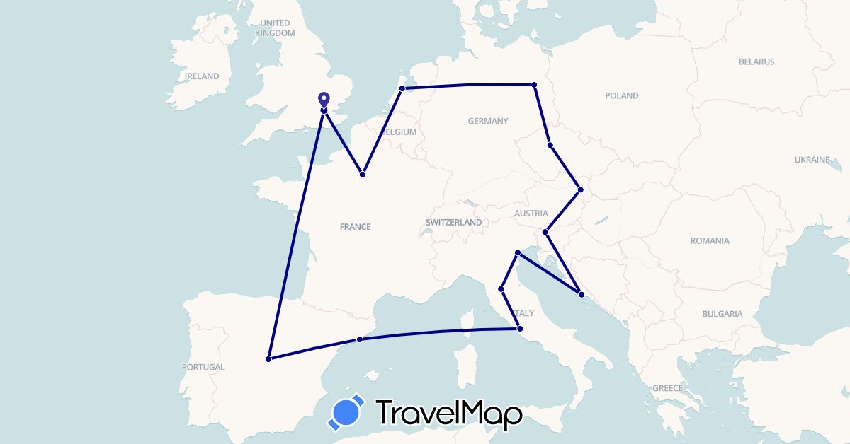 TravelMap itinerary: driving in Austria, Czech Republic, Germany, Spain, France, United Kingdom, Croatia, Italy, Netherlands, Slovenia (Europe)